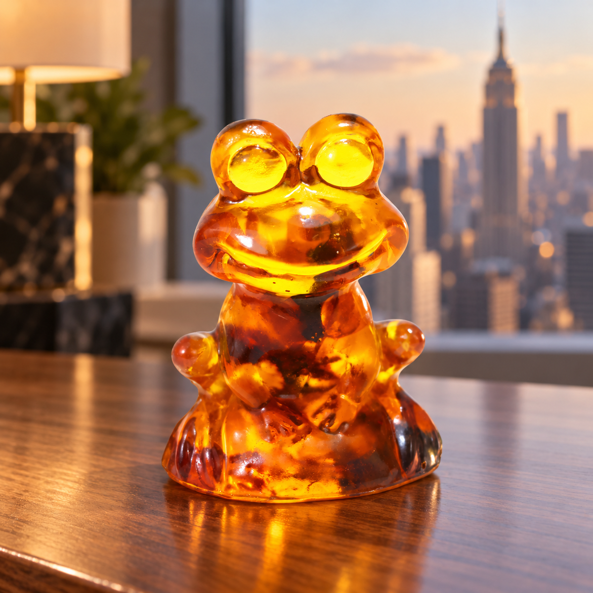KIZIMA tiny amber frog figurine 9K0001q38 on a walnut console in a luxury New York interior with the Empire State Building behind it.
