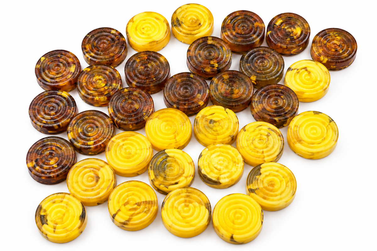 KIZIMA® Genuine Baltic Amber backgammon pieces, full 32-piece set of butterscotch and cognac amber checkers on a white background, Made in USA