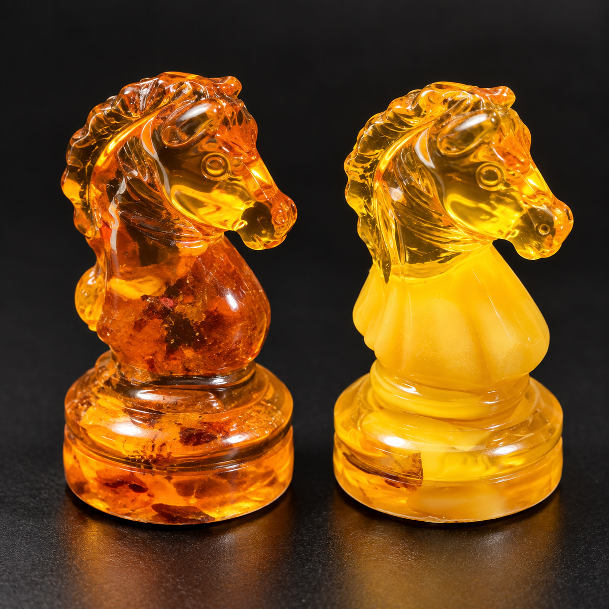 Close-up of cognac and golden yellow Baltic amber chess knights on black, showing horse-head details, transparency and natural inclusions.