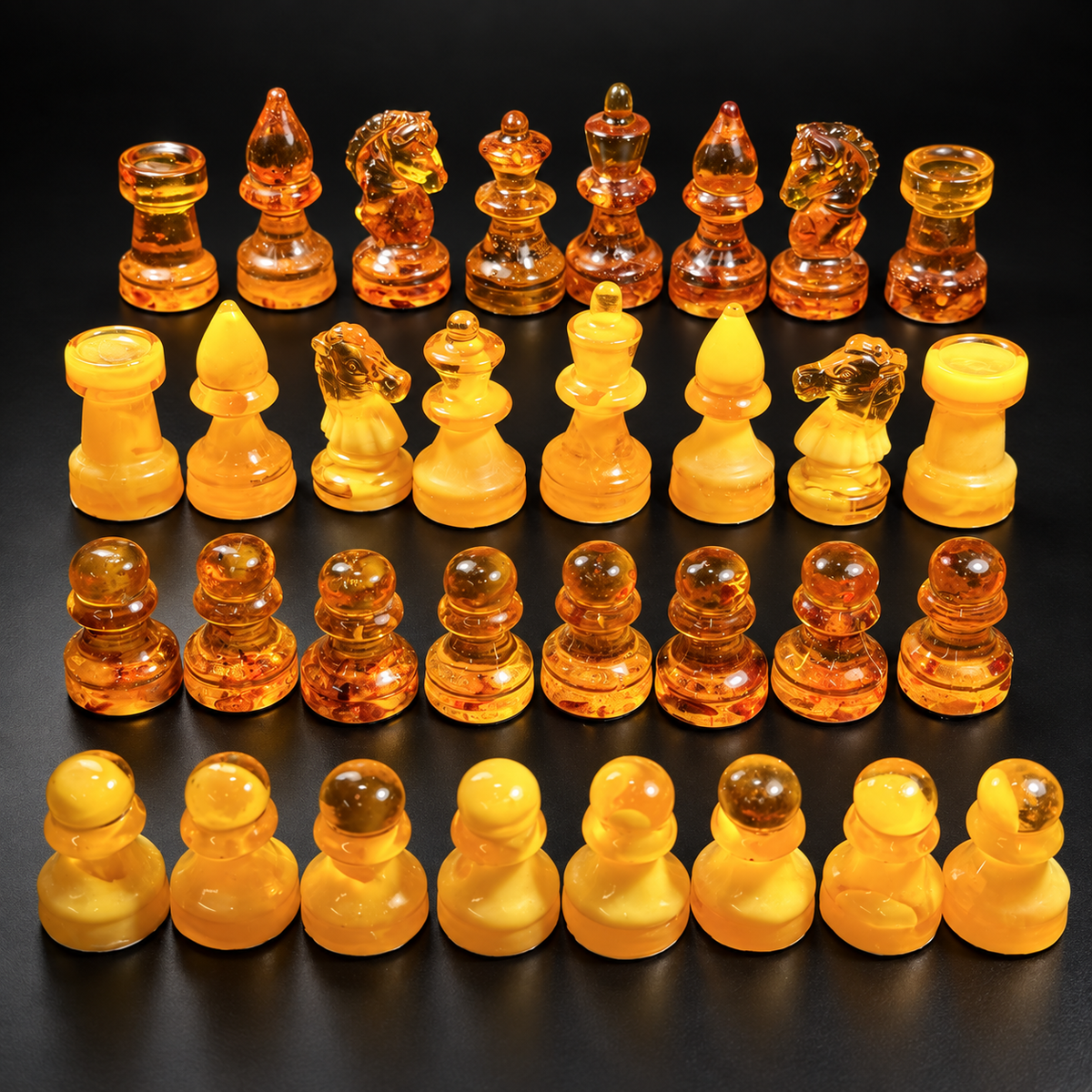 32 KIZIMA Baltic amber chess pieces in golden yellow and cognac tones, arranged in four rows on a black studio background.