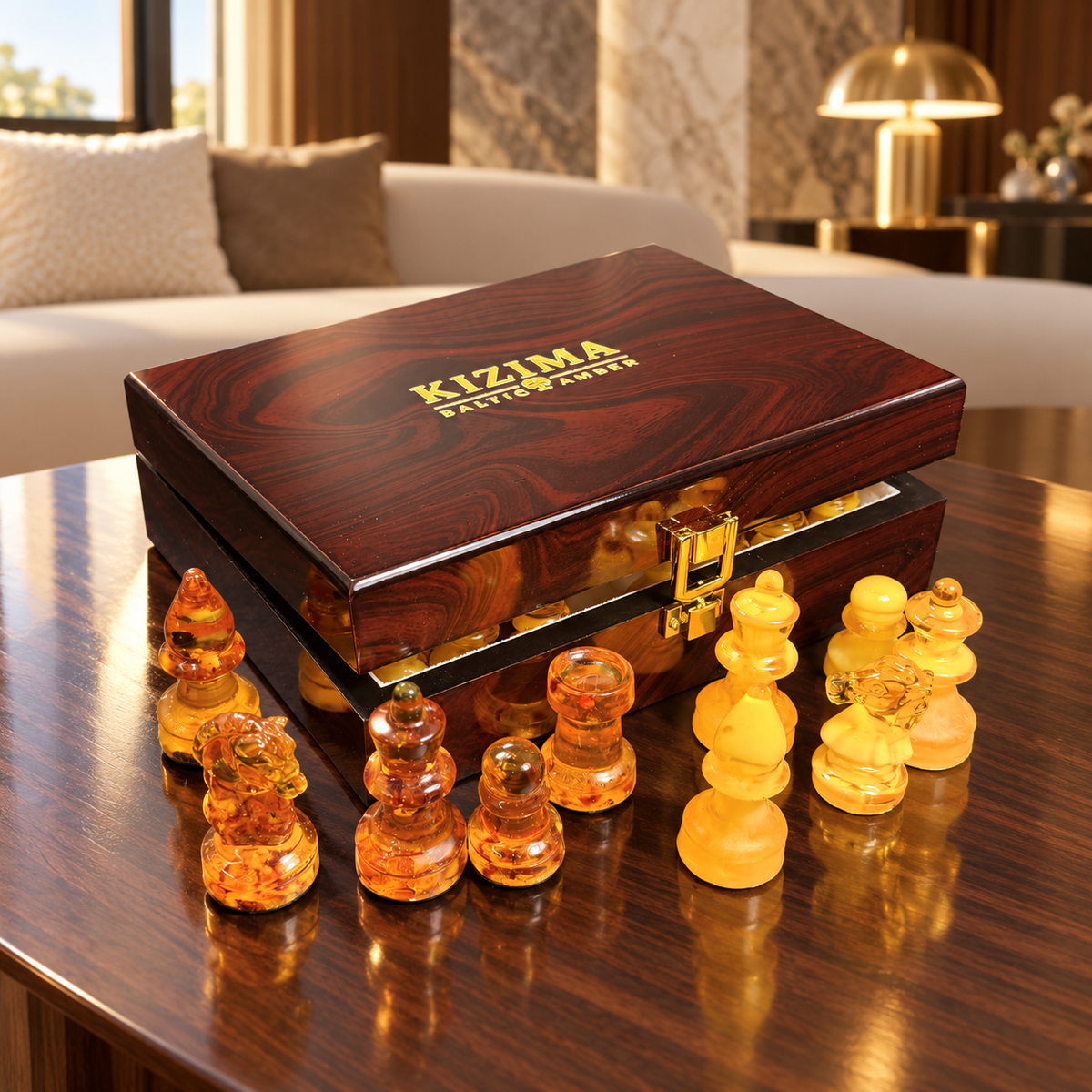Amber chess pieces beside a partially open KIZIMA woodgrain box on a walnut table, with an ivory sofa and brass lamp behind.