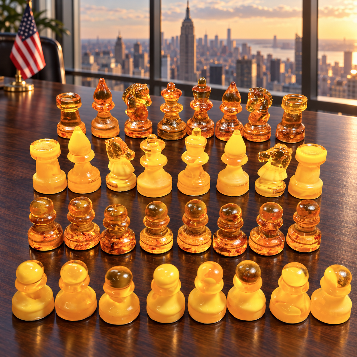 32 yellow and cognac amber chess pieces on a walnut desk, with the Manhattan skyline, Empire State Building and a US flag behind.