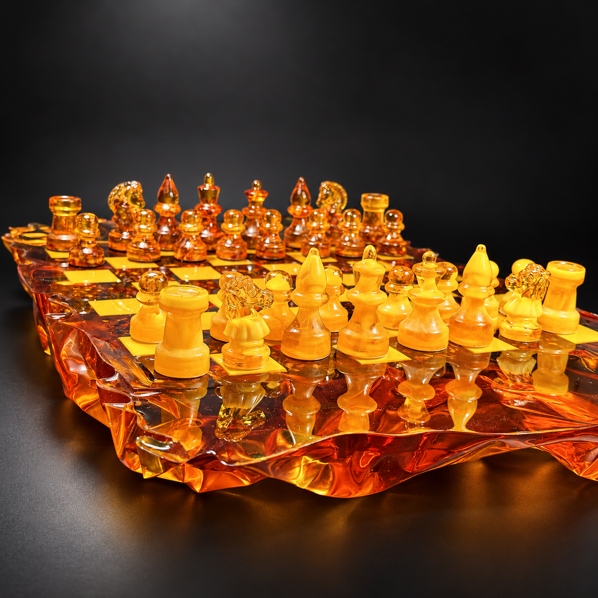 Honey-yellow and cognac Baltic amber chess pieces on a decorative amber-colored board against a black studio background. Board not included.