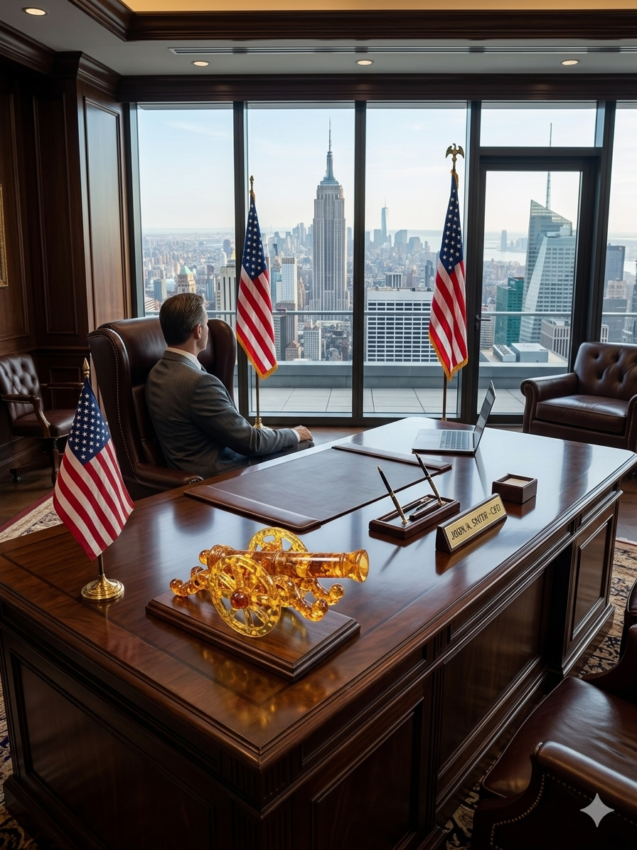 The KIZIMA Gift Edit — Baltic amber cannon on executive desk, NYC office