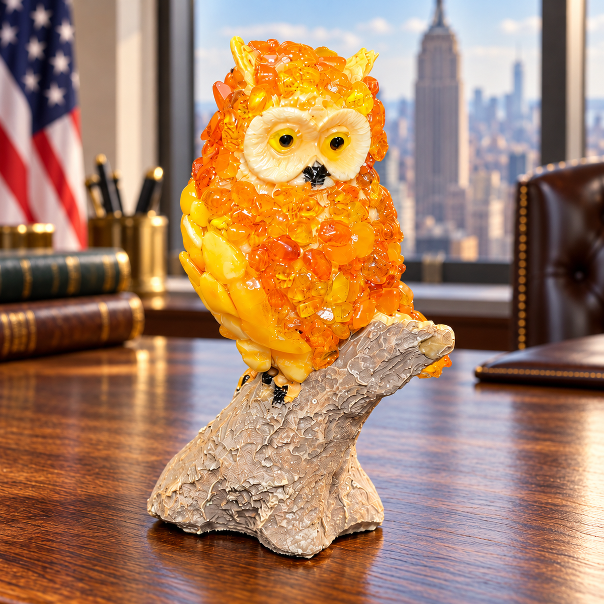 Made in USA natural Baltic amber golden-orange owl on a bark branch on an oak desk in an American office.