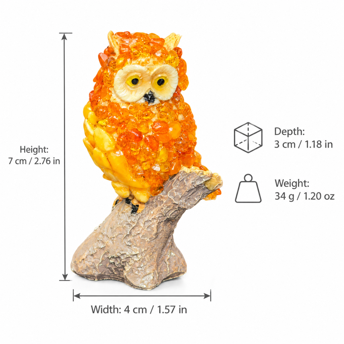OWL24 figurine dimensions: height 7 cm, width 4 cm, depth 3 cm, weight 34 g with inch and ounce equivalents