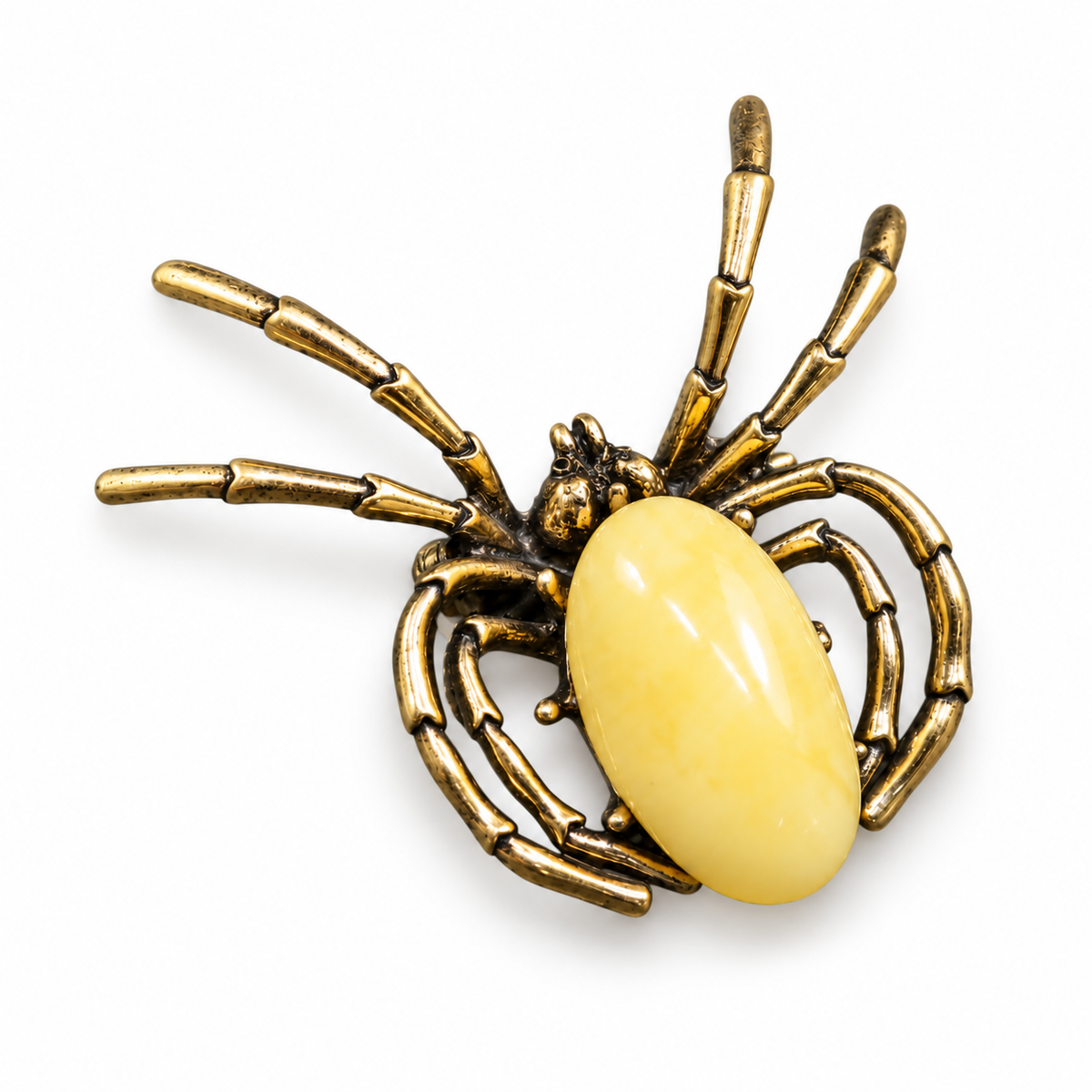 KIZIMA pale opaque yellow amber Gothic spider brooch 20-311Q19-6-6-2, white studio background.