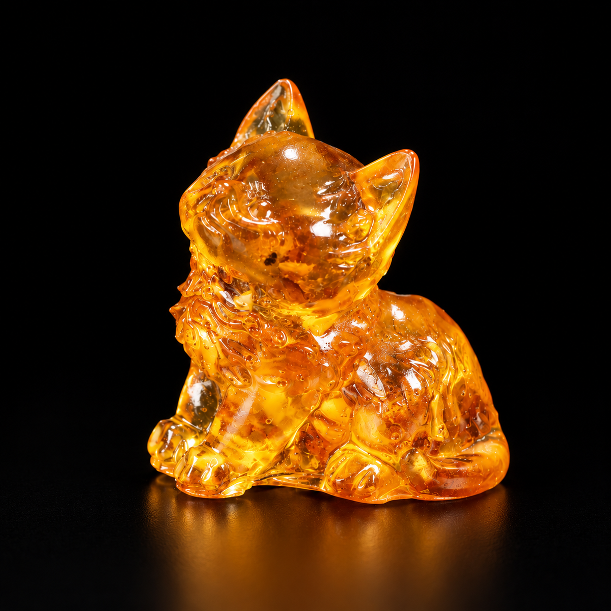 Honey amber KIZIMA kitten with raised face and textured chest on a black studio background