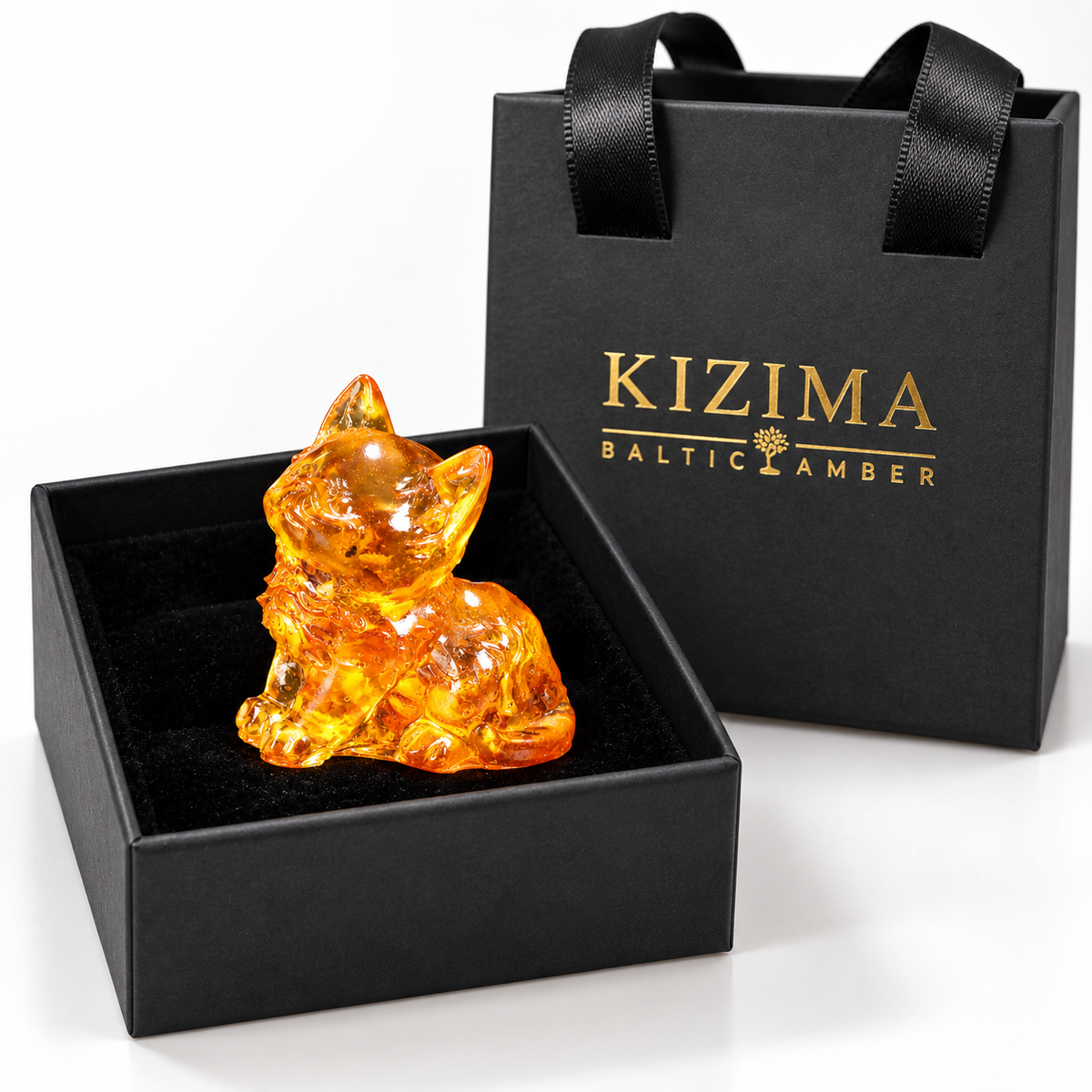 Honey amber KIZIMA kitten in a black velvet-lined gift box with branded bag