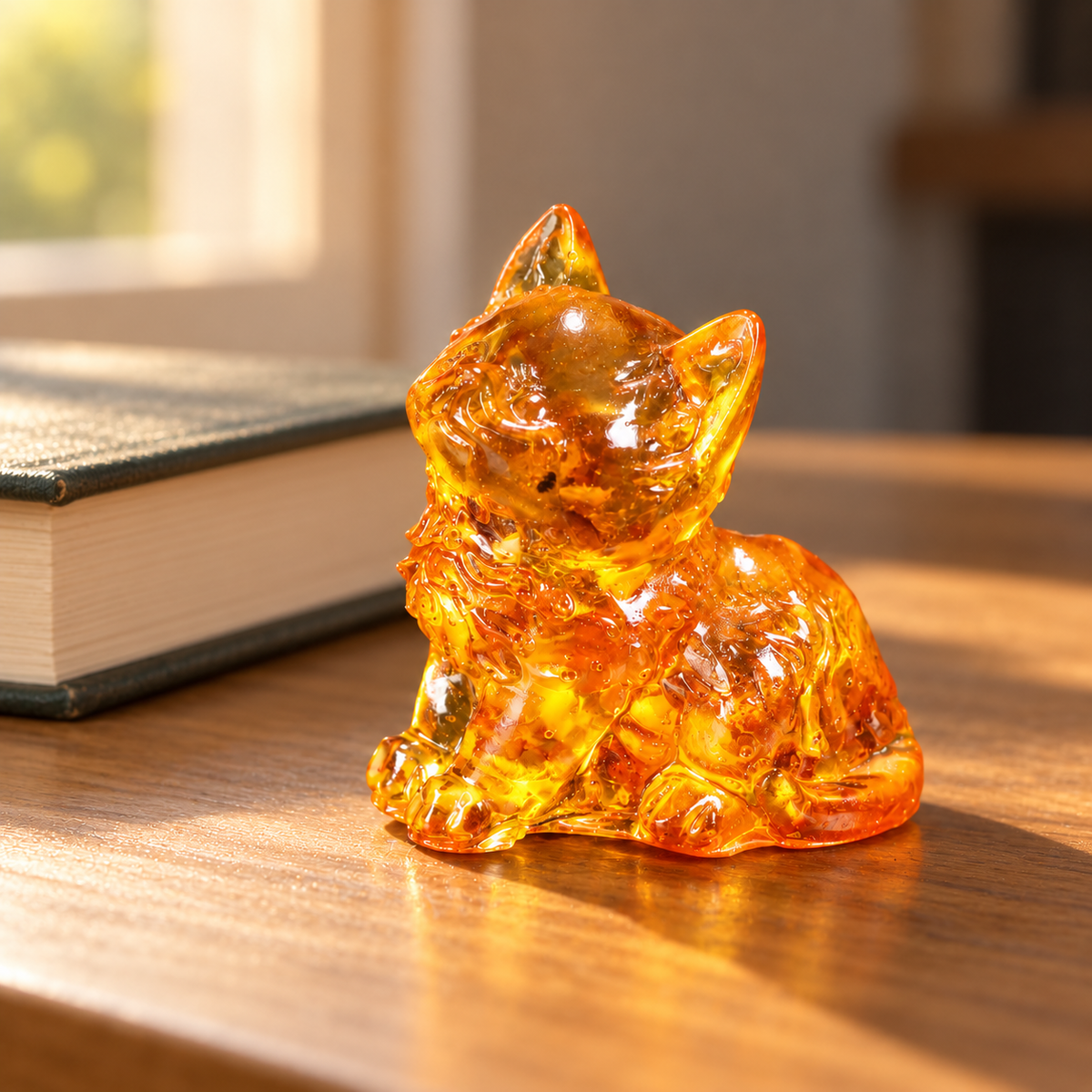 Tiny honey amber KIZIMA kitten figurine displayed on a wooden desk beside a book