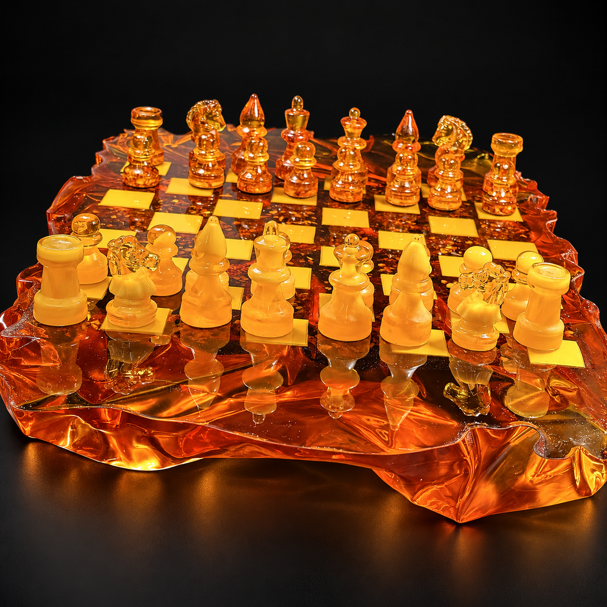Honey and cognac amber chess pieces on a sculpted orange amber board against a black studio background.