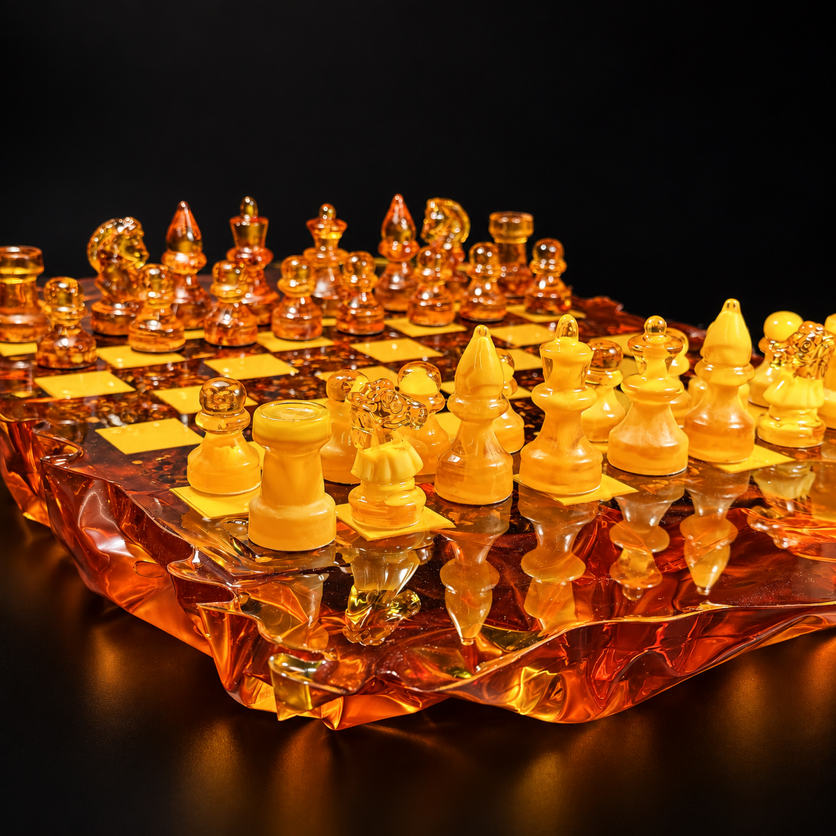 Diagonal close-up of honey and cognac amber chess pieces, highlighting the horse knight, smooth rook and sculpted amber board edge against black.