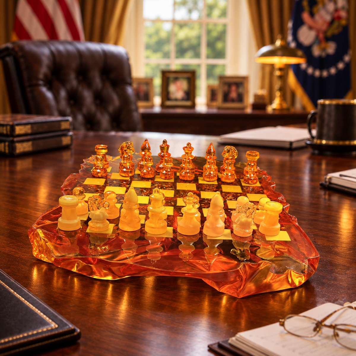 Honey and cognac amber chess set with a wave-edged board on a walnut desk, surrounded by books and glasses, with an American flag behind.