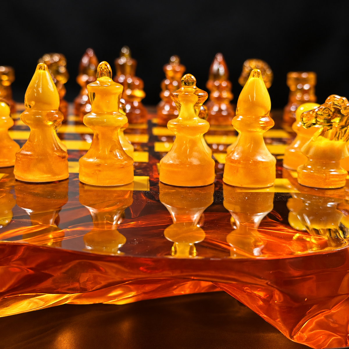 Close-up of honey amber king, queen and bishops reflected in the glossy sculpted board, with cognac pieces softly blurred behind.