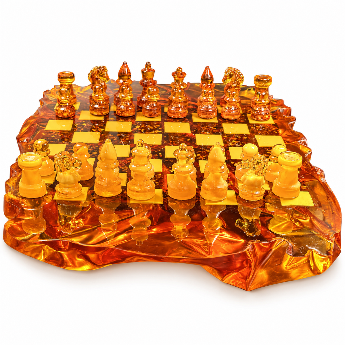 Honey-yellow and cognac amber chess pieces on a sculpted wave-edged amber board, isolated on white with a soft shadow.