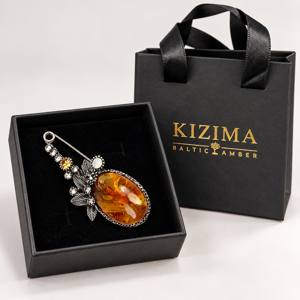 KIZIMA landscape amber safety-pin brooch 20N0900-2, authentic KIZIMA black gift box and bag.