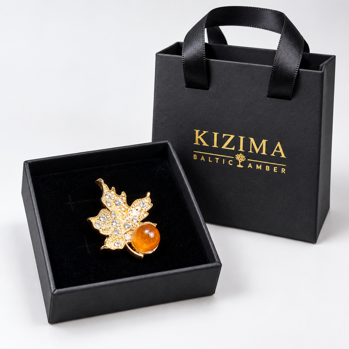 KIZIMA Gold leaf brooch 20-101Q6-3-3-1 — actual black gift box and KIZIMA bag