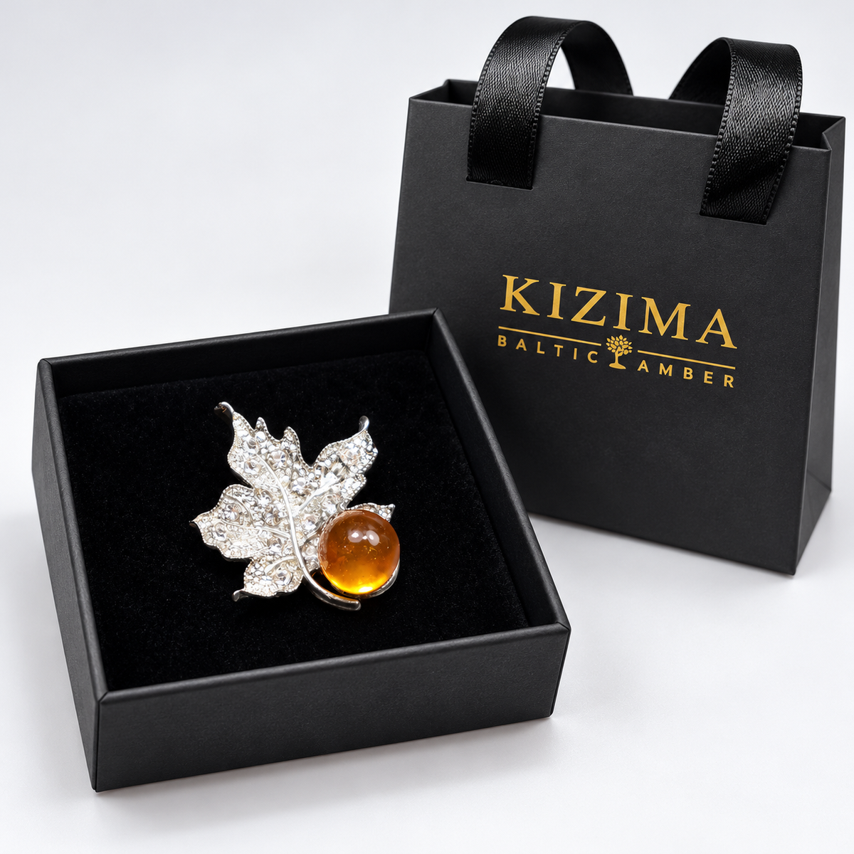 KIZIMA Silver leaf brooch 20-102Q6-3-3-1 — actual black gift box and KIZIMA bag