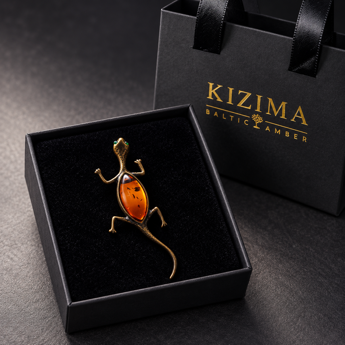 KIZIMA Baltic amber lizard brooch 20-204Q4-5-1-1, black velvet gift box with KIZIMA Baltic Amber bag
