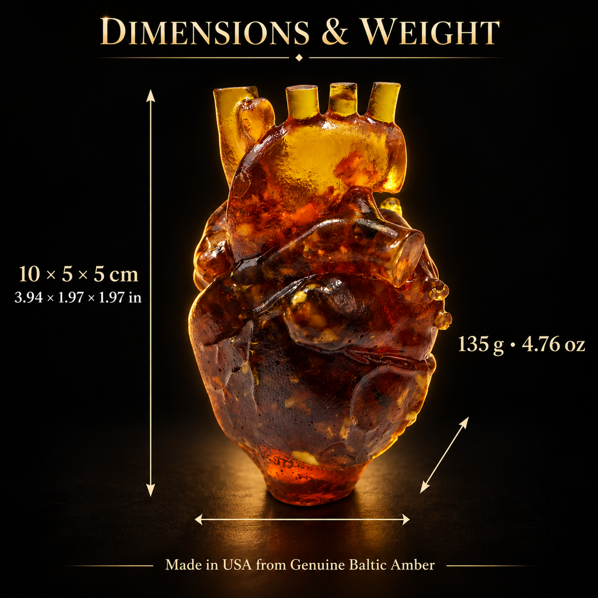 Size and weight guide for the KIZIMA® Baltic amber anatomical heart sculpture, 10 x 5 x 5 cm and 135 g, Made in USA
