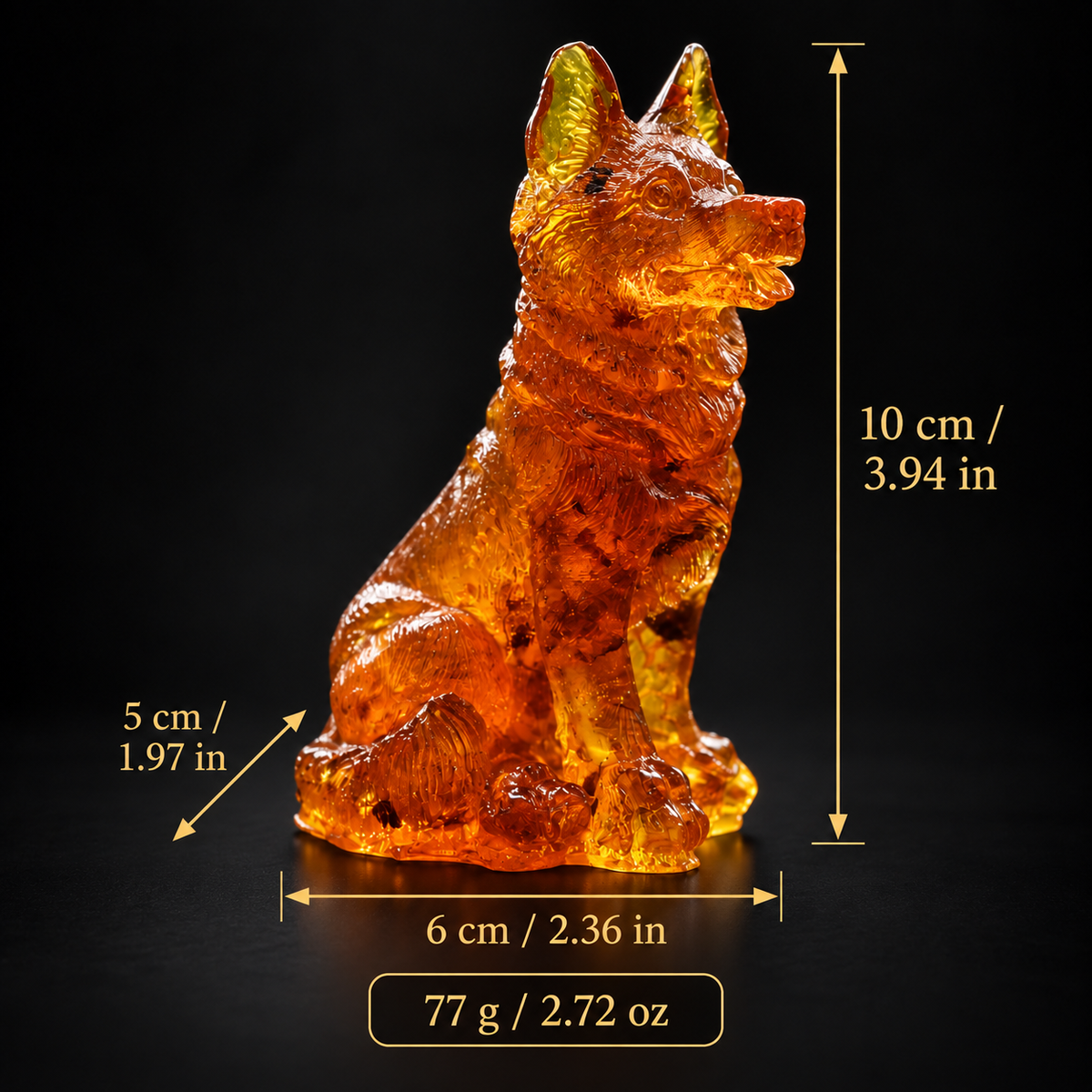 Size and weight guide for the KIZIMA® Baltic amber German Shepherd figurine, 10 x 6 x 5 cm and 77 g, Made in USA
