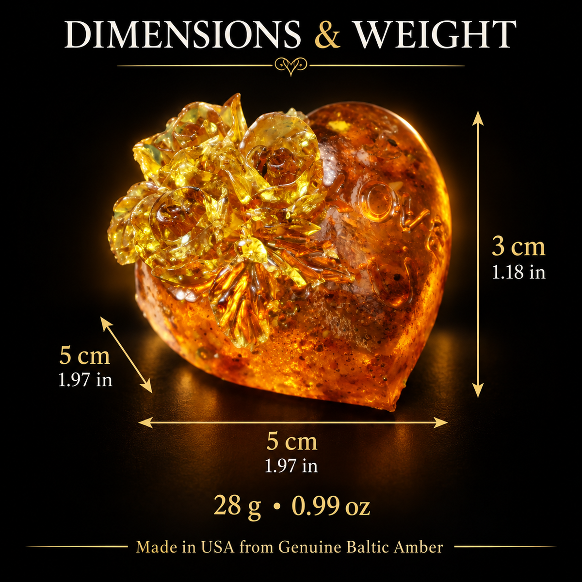 Size and weight guide for the KIZIMA® Baltic amber floral heart, 5 x 5 x 3 cm and 28 g, Made in USA