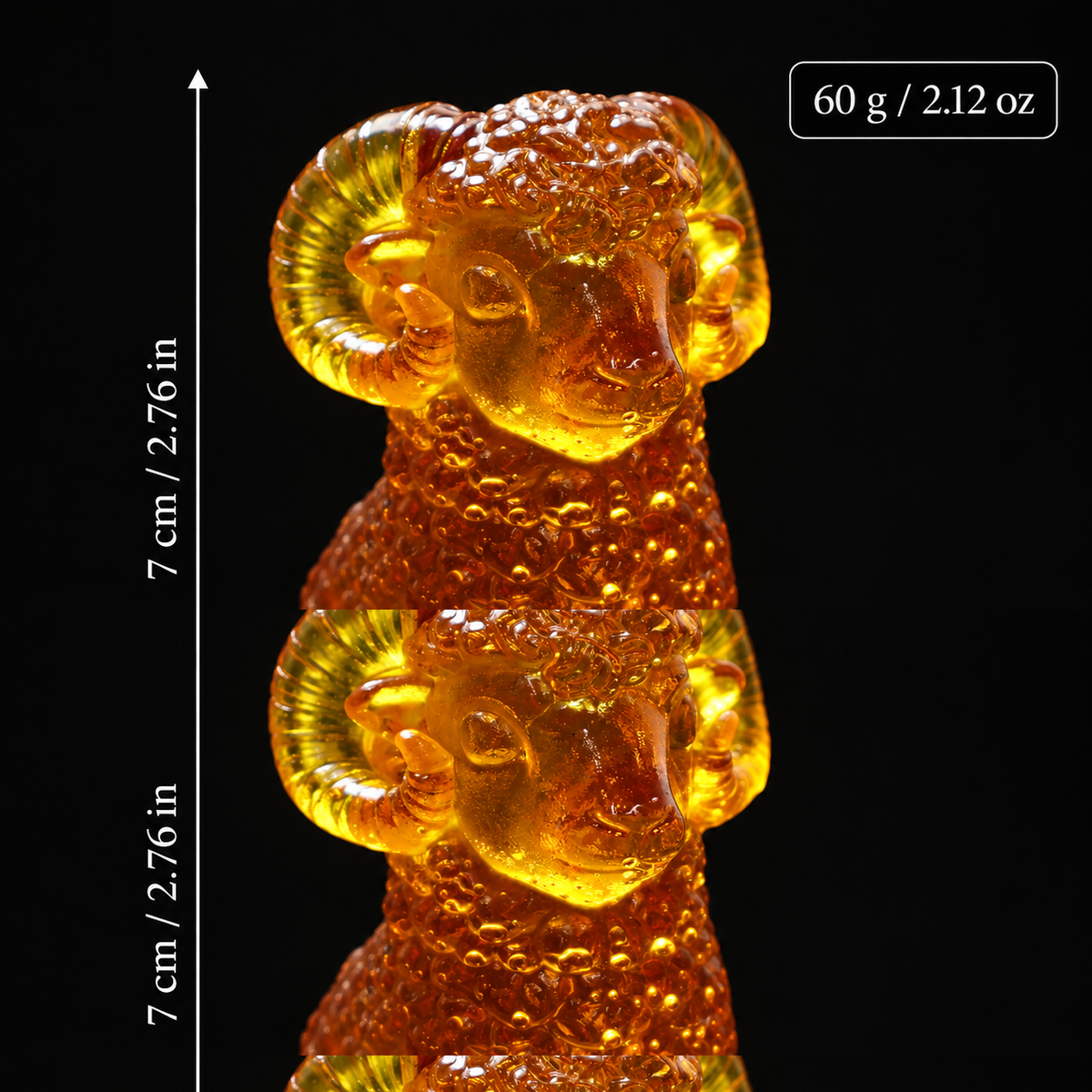 Size and weight guide for the KIZIMA® Baltic amber mini ram figurine, 4 x 6 x 7 cm and 60 g, Made in USA