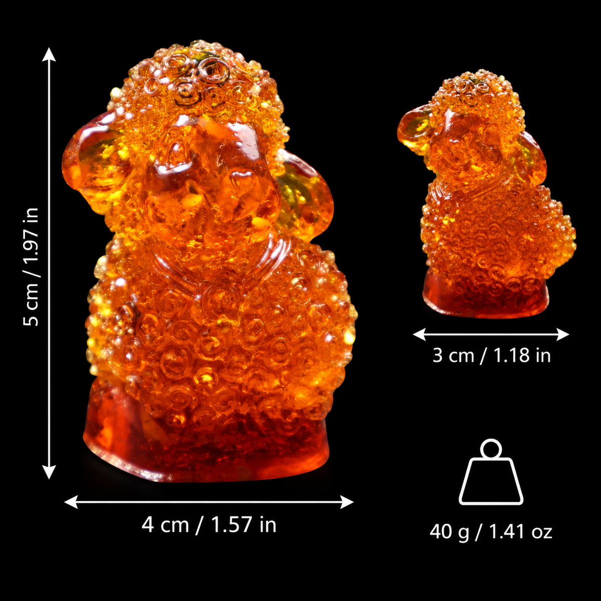 Size and weight guide for the KIZIMA® Baltic amber lamb figurine, 4 x 3 x 5 cm and 40 g, Made in USA