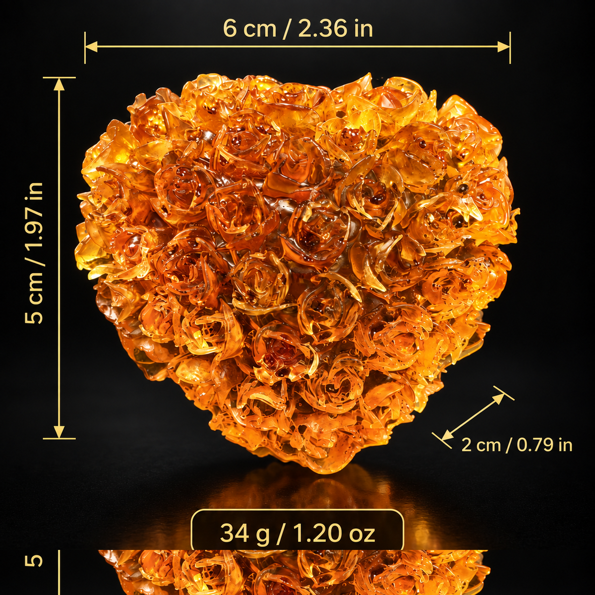 Size and weight guide for the KIZIMA® Baltic amber rose heart, 6 x 5 x 2 cm and 34 g, Made in USA