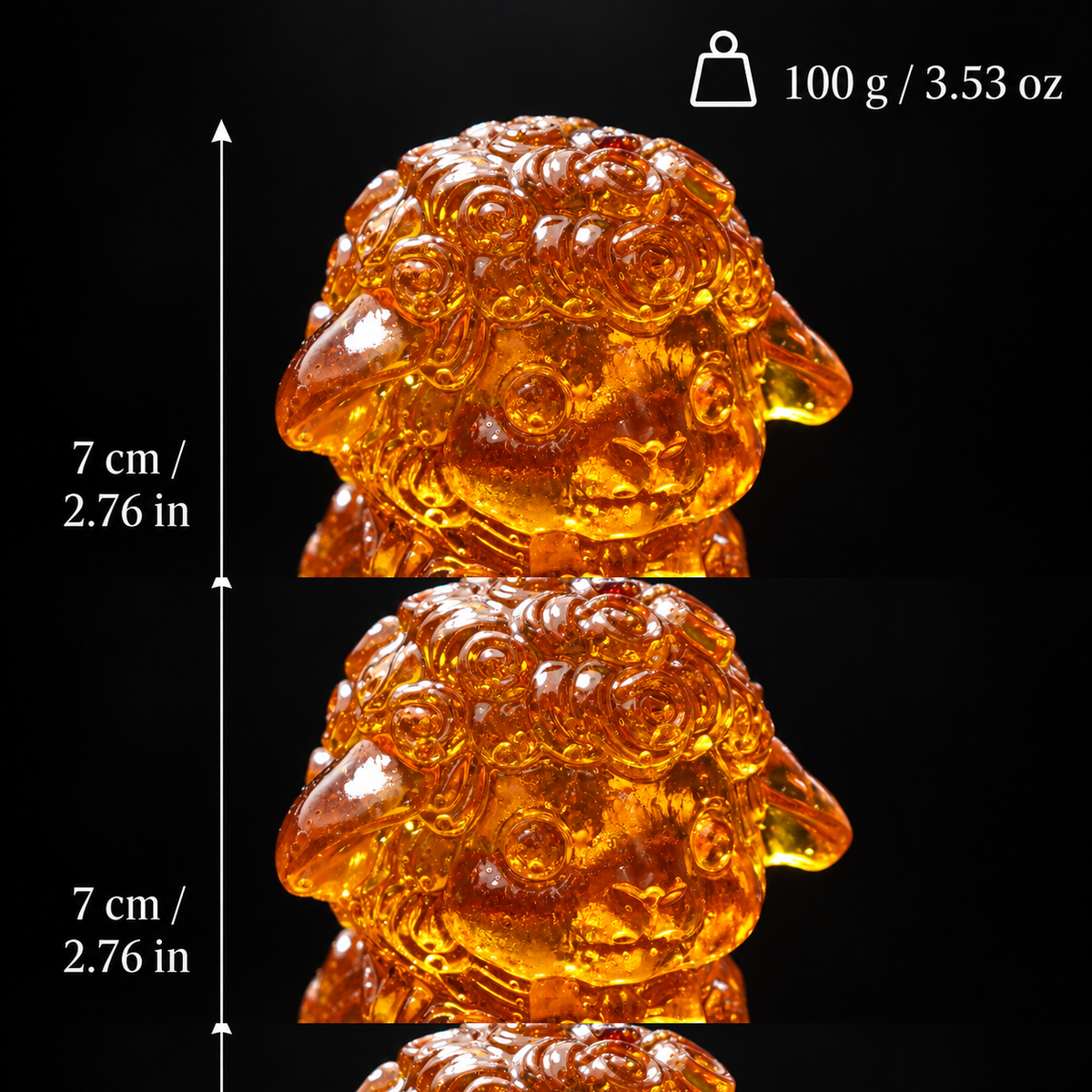 Size and weight guide for the KIZIMA® deep honey Baltic amber sheep figurine, 4 x 5 x 7 cm and 100 g, Made in USA