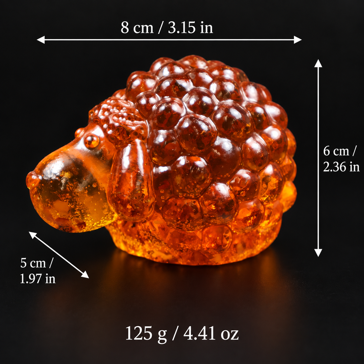 Size and weight guide for the KIZIMA® Baltic amber sheep figurine with long nose, 8 x 5 x 6 cm and 125 g, Made in USA