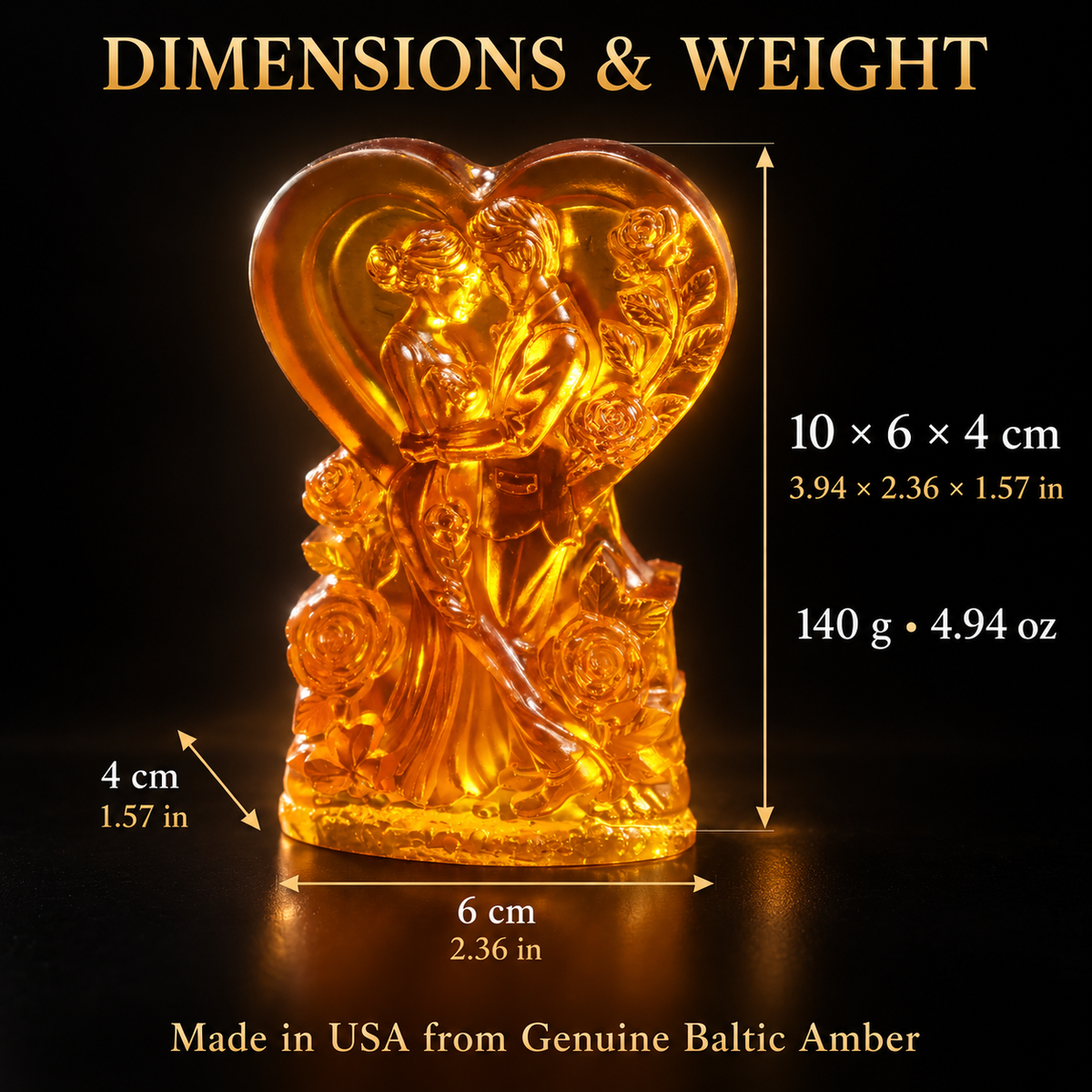 Size and weight guide for the KIZIMA® Baltic amber wedding heart, 10 x 6 x 4 cm and 140 g, Made in USA