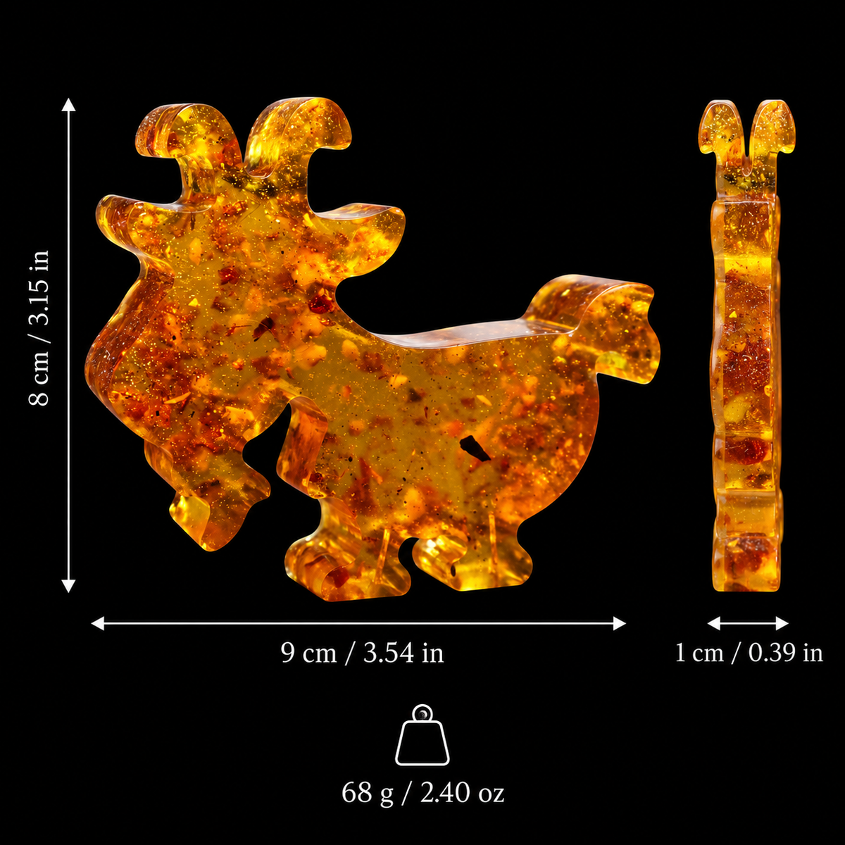 Size and weight guide for the KIZIMA® Baltic amber Yule goat figurine, large 9 x 1 x 8 cm and 68 g, Made in USA