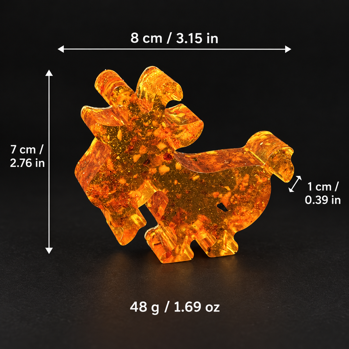 Size and weight guide for the small KIZIMA® Baltic amber Yule goat, 8 x 1 x 7 cm and 48 g, Made in USA