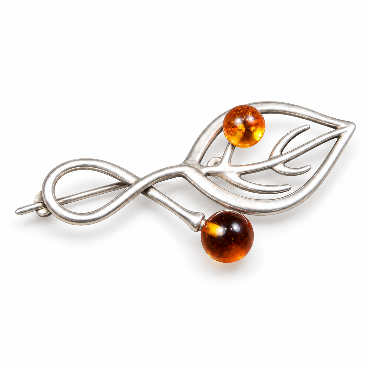 KIZIMA silver-tone openwork leaf and two amber beads brooch 20G0150q3, white studio background.