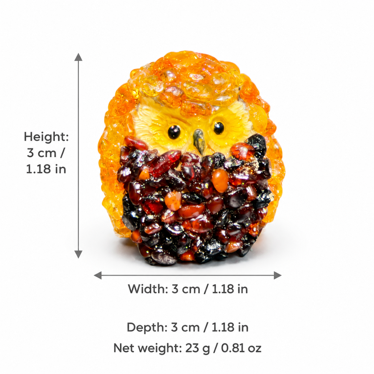 Owl figurine size guide showing 3 cm height, width, and depth with a net weight of 23 g