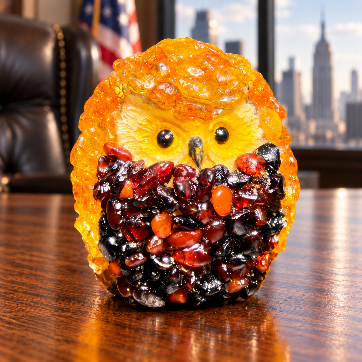 Made in USA natural Baltic amber mini owl with a cherry-brown amber front, on an office desk.