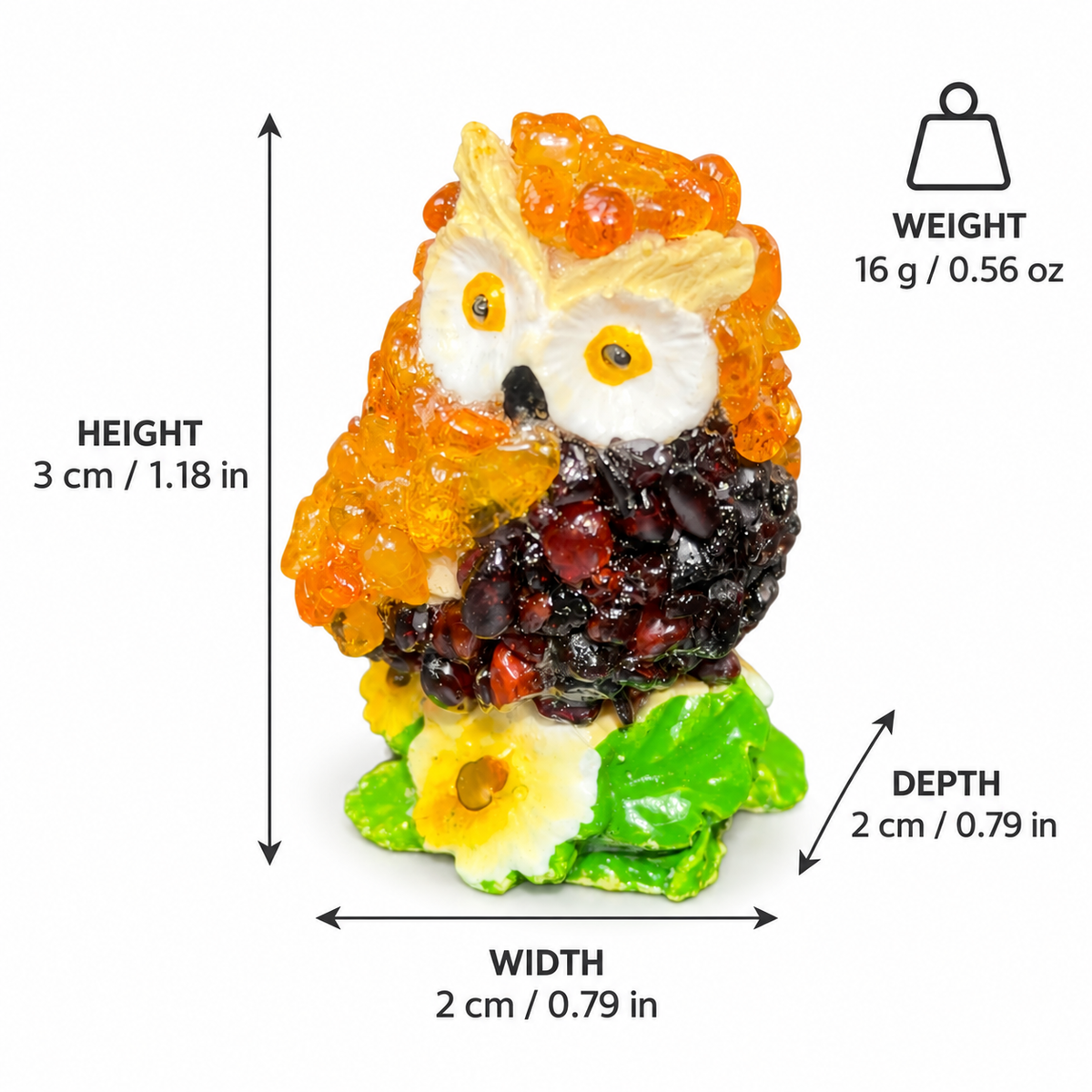 Owl measurements: height 3 cm, width 2 cm, depth 2 cm, weight 16 g