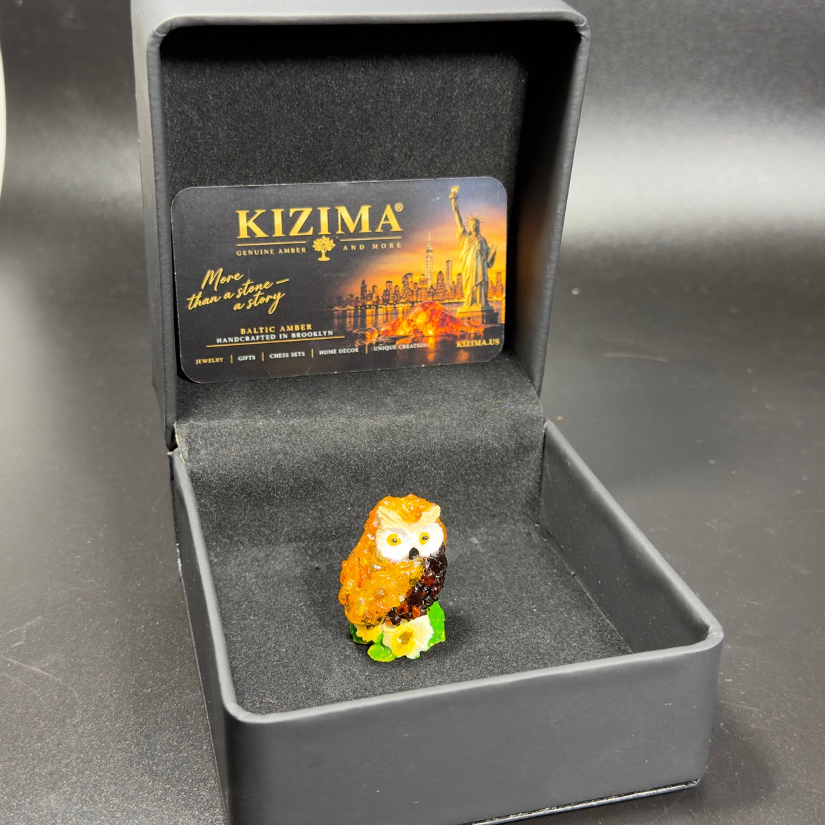 Original unedited photograph of owl with KIZIMA box and printed card