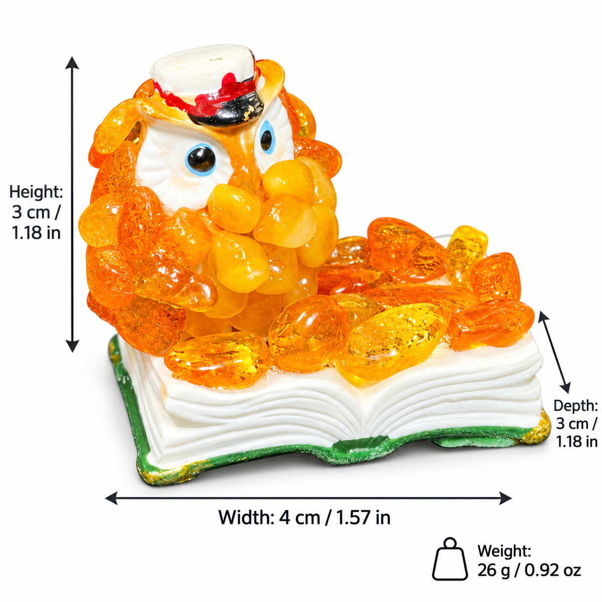 Owl figurine dimensions: 3 cm high, 4 cm wide, 3 cm deep; weight 26 g