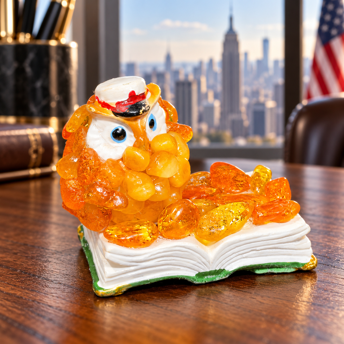 Made in USA natural Baltic amber mini owl on an open book on an oak office desk with a Manhattan window.