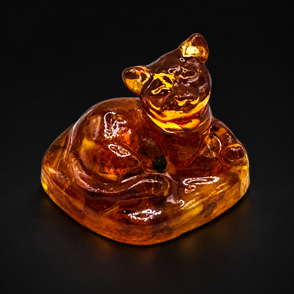 Cognac amber reclining cat with a tilted head and curled tail on a matte black studio background.