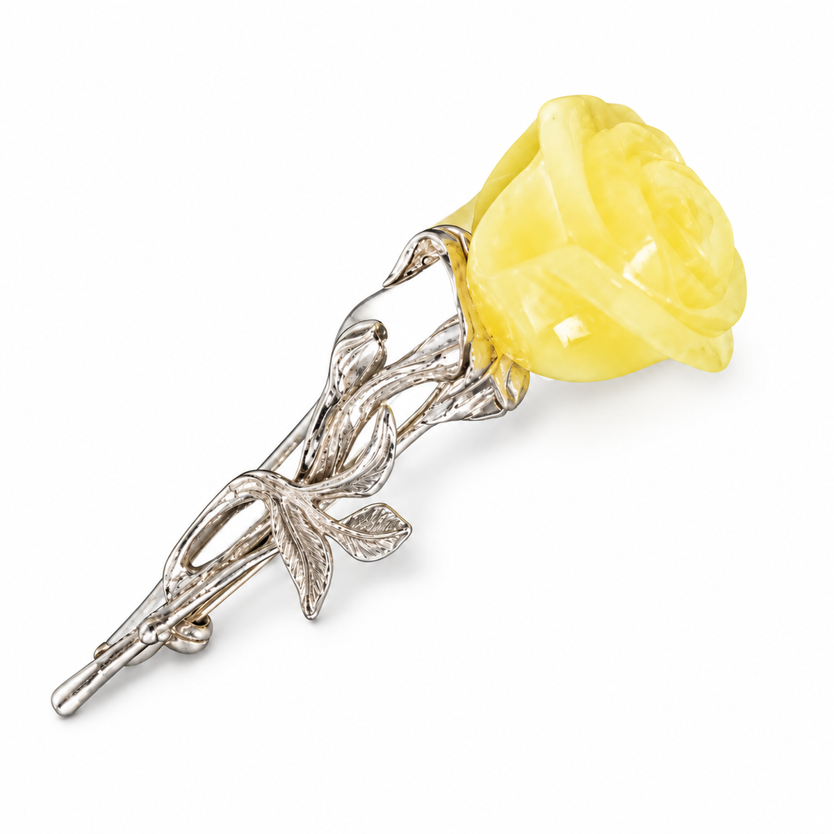 KIZIMA opaque pale yellow amber rose brooch on white studio background.
