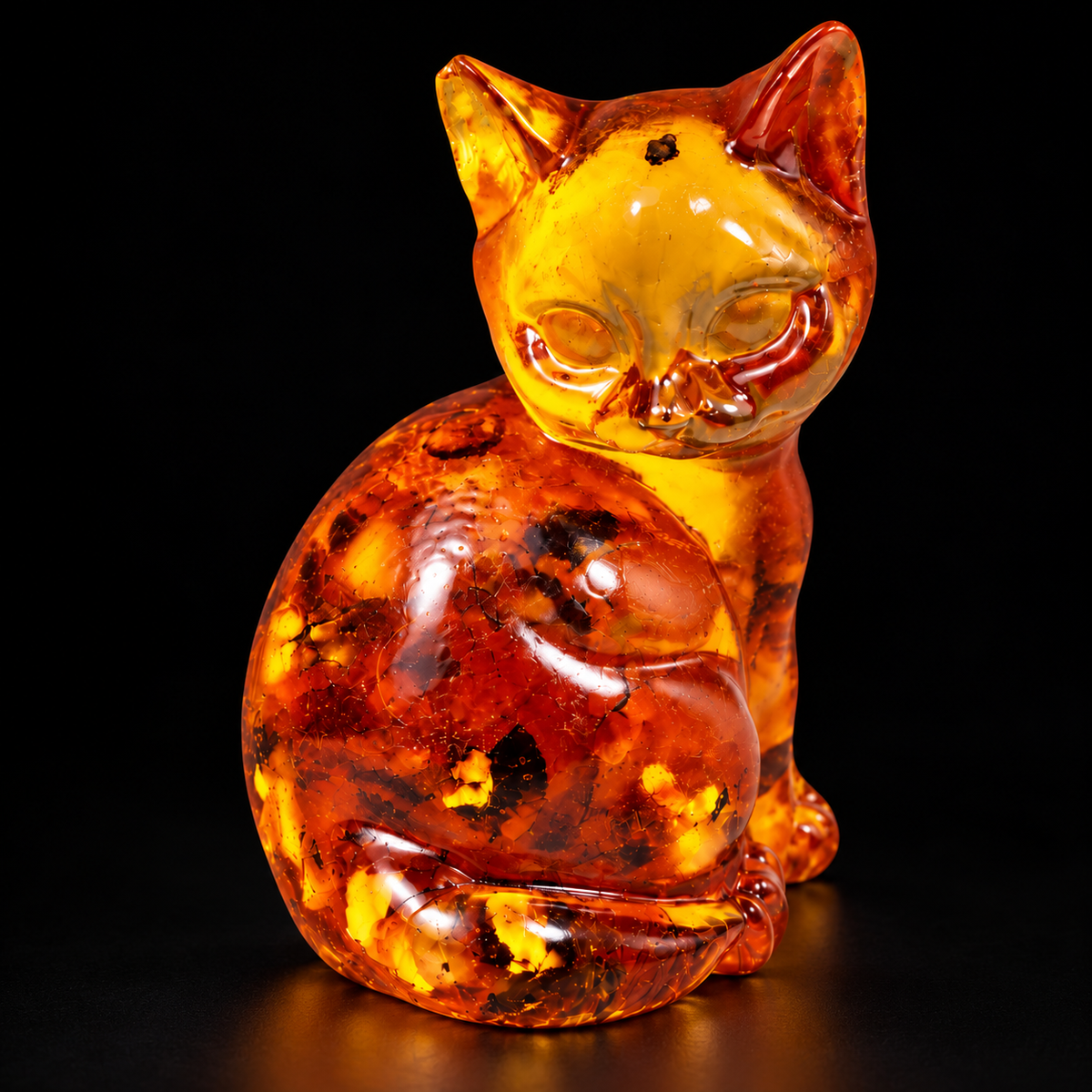 Rounded amber sitting cat by KIZIMA with a wrapped tail on a black studio background