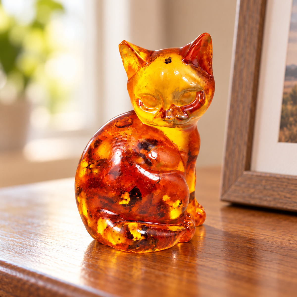 Small rounded amber cat displayed on a wooden table beside a framed picture