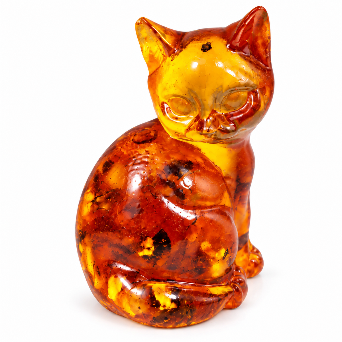KIZIMA rounded sitting cat with a golden face and cognac body on white