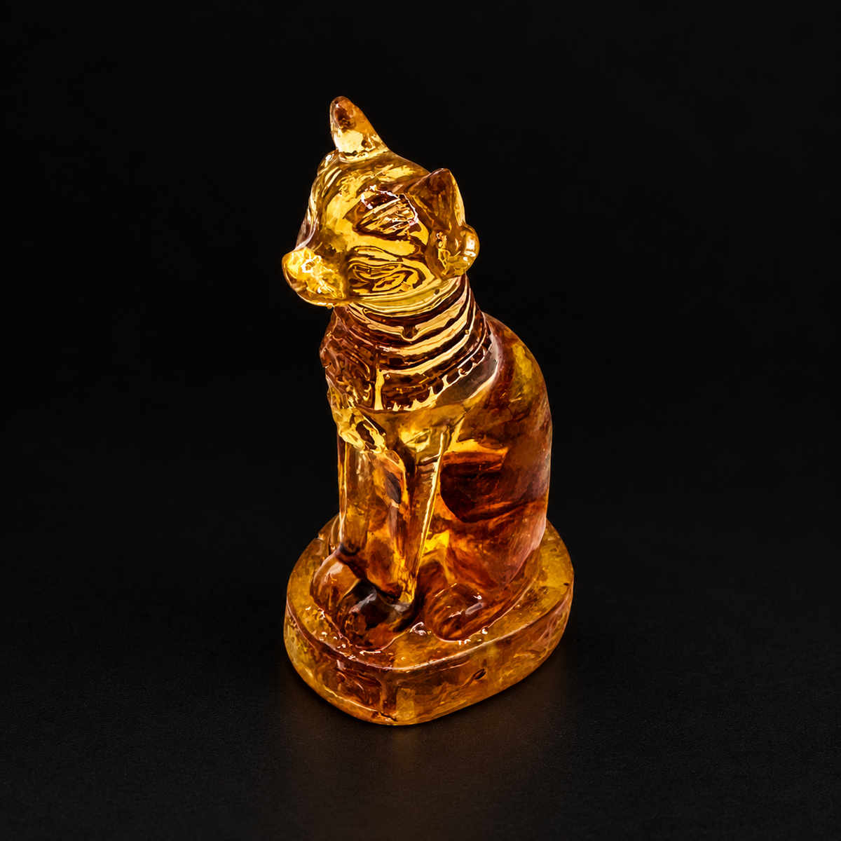 Golden amber Sphinx cat figurine with an upright seated pose on a matte black studio background.