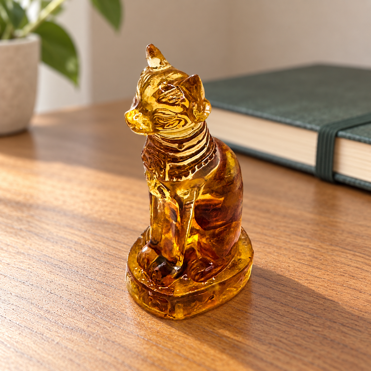Small seated cat figurine on a wooden desk with a closed notebook in the background.
