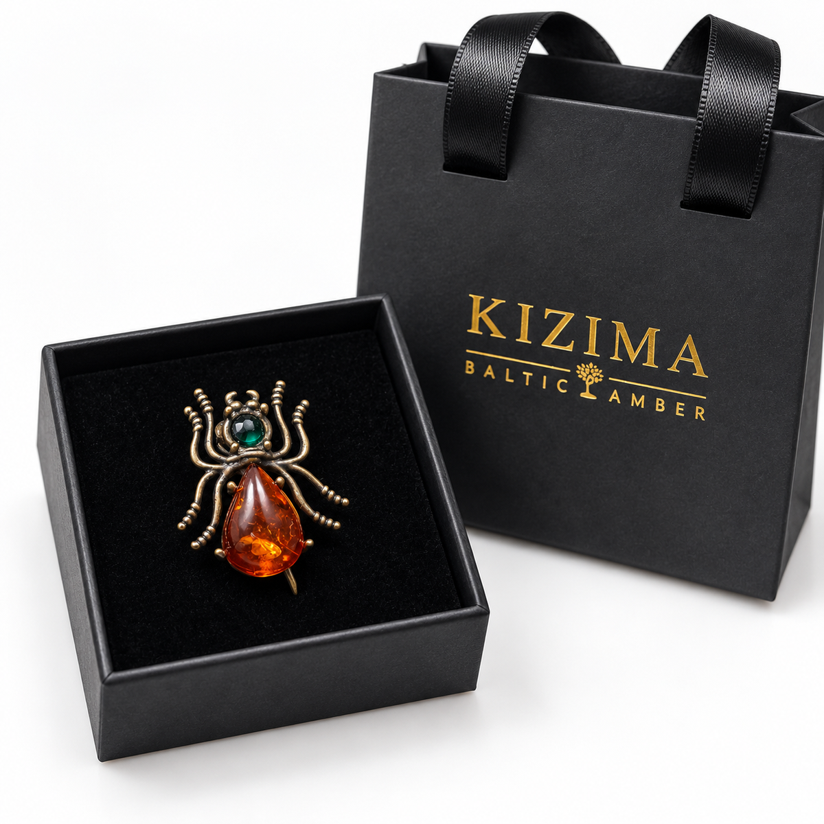 KIZIMA Baltic amber spider brooch 20-312Q4-3-2-1 — in black velvet KIZIMA gift box with branded bag