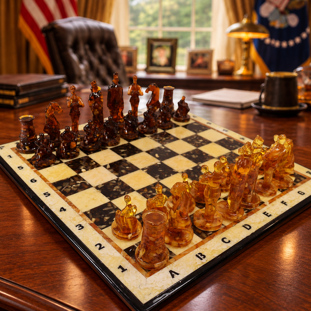 KIZIMA Teutonic Knights amber chess set 35G4000-R with cream and brown board on a wooden desk in a warm office interior; AI-generated lifestyle visualization.